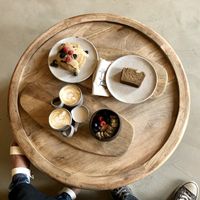 Pan cakes, granola bowl(almond milk), banana bread, café latté(soya milk) at Moon Shell in Riyadh