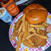 Vegan cheeseburger with fries and seitan chicken home delivery at Saucy in Sheffield