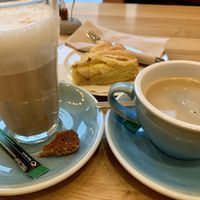 Latte macchiato with soya milk + coffee + apple cake #Veganuary at Carli's Coffee in Echternach