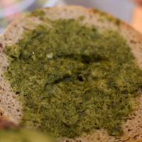 Pesto sauce on the burger, delicious! at Das Meyers in Cochem
