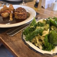Red pepper and lentil bake with greens on the Sunday menu  at Kings Arms Hotel in Abergavenny