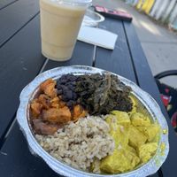 Callaloo, savory sweet potatoes, black beans, brown rice, curry tofu-All waaaay tastier than it looks! Promise you!  at The Floribbean in St Petersburg