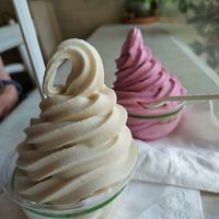 Macadamia-vanilla and macadamia-dragonfruit-strawberry ice cream in a cup ($9.50 each) at Sweet Journey Soft Serve in Kailua Kona