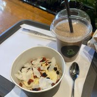 Soymilk smoothie and porridge  at Green & Protein in Tirana