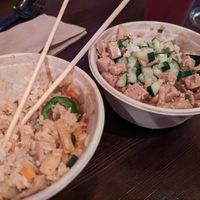 My son's tofu teriyaki bowl (didn't even need the delicious sauce) - rice, veggies, and perfectly seasoned firm tofu, and my half-eaten bowl which I'm pretty sure was the Tahiti bo at Tropicali in Big Bear Lake