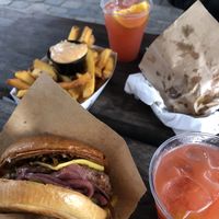 The burger, fries with secret sauce and the strawberry lemonade  at Souls - Torvehallerne in Copenhagen