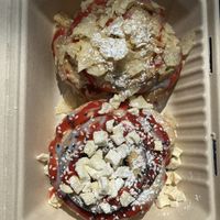 Top: Lunchbox (chips, peanut butter, strawberry sauce) Below: Planetarium (strawberry sauce, freeze dried apples, sesame seeds )  at Hail Snail in Portland