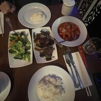Broccoli, Mongolian Beef and Crispy Sweet n Sour King Prawsns  at The Orchid Vegan Restaurant in York