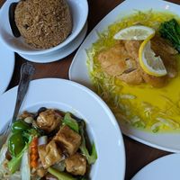 Lemon chicken, mushroom rice and tofu / veggie stir fry at The Orchid Vegan Restaurant in York