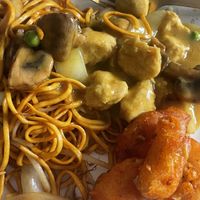 Delicious noodles, Chiken curry and salt and pepper king prawn   at The Orchid Vegan Restaurant in York