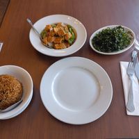 Shiitake mushrooms, the generals tofu and crispy greens at The Orchid Vegan Restaurant in York