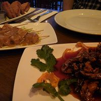 Beef in ok sauce, Tofu satay skewers, Prawn toast. at The Orchid Vegan Restaurant in York