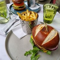 Vegan burger and chips at Vertigo in Salford
