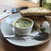 Cheese and pickle sandwich with cheese and broccoli soup  at Vertigo in Salford