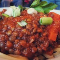Pasta mit Linsen-Bolognese at Aquarium Cafe in Heligoland
