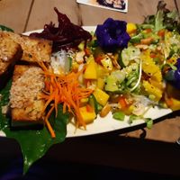 Tofu grilled in curry, glass noodle salad with mango and fresh veggies, asian dressing. at Gypsy Soul in Pai