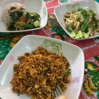 Larb, kale stir fry, lemongrass tofu at Samrup Jay in Ayutthaya