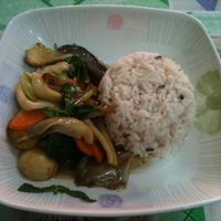 Rice with stir-fried mushrooms and some veggies at Samrup Jay in Ayutthaya