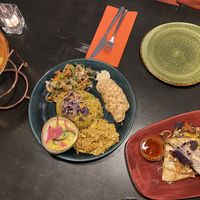 Patatas bravas, jackfruit rendang and quesadillas with vegan cheese and pulled oats! Great!!  at Osorio World's Kitchen in Ameland