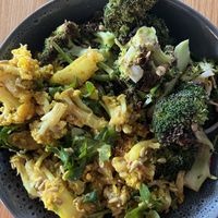 Broccoli radish sprout and almond. Curried cauliflower and greens (mitzuna? Or rocket?)  at Heritage Coffee in Dunedin
