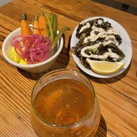 Pickled veggies, tahini brussel sprouts, cider   at Drake's Dealership in Oakland