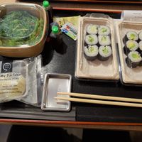 Vegan maki rolls, seaweed, anko mochi dessert at Wasabi Sushi Bento Bar in Geneva