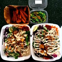 Take away bowls, wakame salad, and sweet potato fries. at Nomad - Avion - Maybe closed in Bratislava