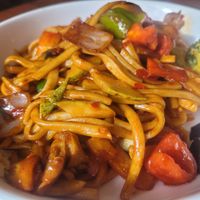 Vegan lagman—absolutely divine. Thick, chewy, homemade noodles; a really well-balanced sauce; and crisp, fresh vegetables, including deliciously meaty marinated mushrooms. YUM!!! at As-Kazan in Almaty