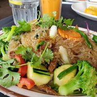Vegan duck and veggie glass noodles dish with a vegan Thai iced tea! at Zabb Thai Cuisine Newport Beach in Newport Beach