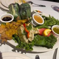 Vegan platter (photo doesn't do it justice) vegan chicken satay, edamame, gyoza, summer roll #Veganuary at Zabb Thai Cuisine Newport Beach in Newport Beach