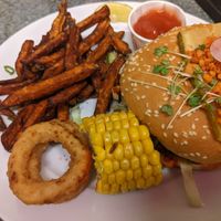Hot quarter pounder Ans sweet potato fries at Seitan Hustle in Fleetwood