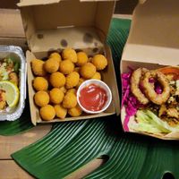 Tofu puffs, tater tots, kebab. at Seitan Hustle in Fleetwood