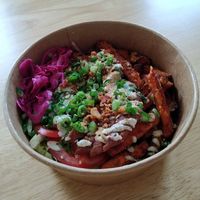 Classic steak Rice bowl with sweet potato fries at Seitan Hustle in Fleetwood