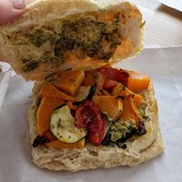 Roast vegetable  pesto on ciabatta at Banilla Bakery at Podda and Wren in Kendal