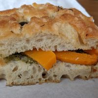 Home-made focaccia vegetable pesto & cheese sandwich at Banilla Bakery at Podda and Wren in Kendal