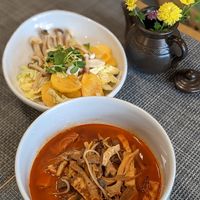 Spicy Vegetable Soup
& Persimmon Mushroom Salad at Korean Temple Food 한국사찰음식 in Seoul