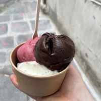 Lemon basil, pomegranate and chocolate (all sorbets)  at Melba Glacier in Paris