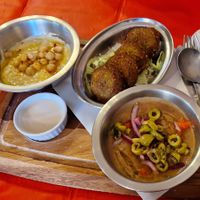 Hummus, falafel, foul madamas at Time Out Cafe in Glasgow