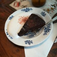Vegan kladdkaka with soy whipped cream at Hedbergs Bok Musikkafe in Visby