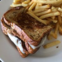 Vegan grilled cheese sandwich and Amy’s fries at Amy's Drive Thru  in Corte Madera