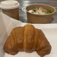 Vegan croissant, coffee with oat milk and Buddha bowl  at DOH - Evergreen Organics in Doha