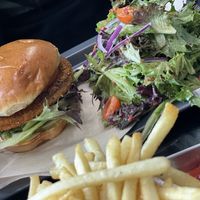 Cajun burger and saladd  at Down 2 Earth Plant Based Cuisine in Las Vegas