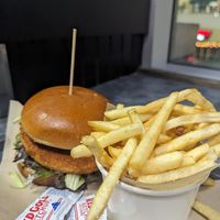 Cajun chicken sandwich and fries at Down 2 Earth Plant Based Cuisine in Las Vegas