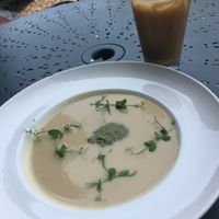 Yummy soup of the day which had mushroom, coconut milk, and a type of pesto. at Sprig and Vine in New Hope