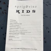 A menu my kid can actually pick food from!! at Sprig and Vine in New Hope