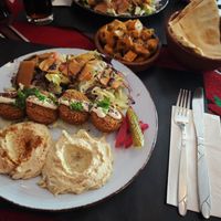 Falafel lunch plate and batata harra at East @ West in Brussels
