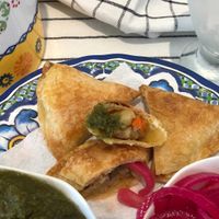 Tortilla samosas with Yucatan pickled onions and home made cilantro chutney at Casa Kaan in Merida