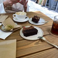 pistachio cookie / brownies / courgette cake with sweet potato cream at Etapa in Prague