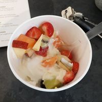 Lemon and melon sherbet with fresh fruit at IJssalon Pierre in Budel