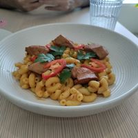 Tom yum mac with chikin. So good! at Nature's Charm in Bangkok